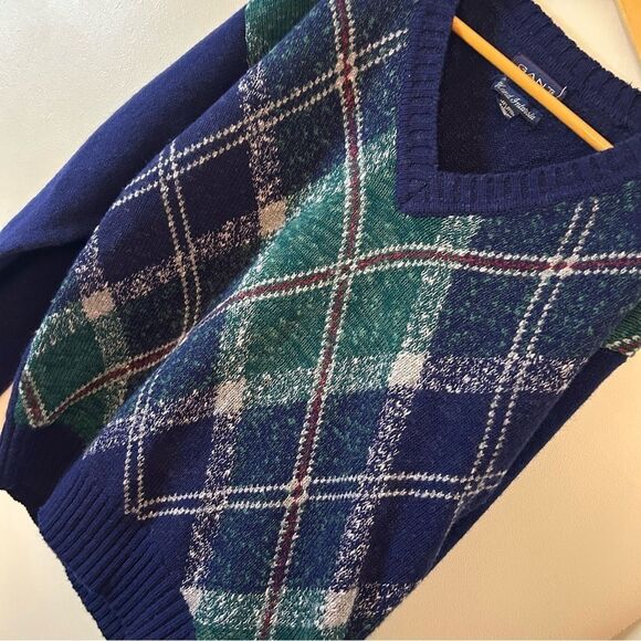 Gant Christmas holiday navy blue green red plaid v-neck natural fiber sweater me - Picture 6 of 8